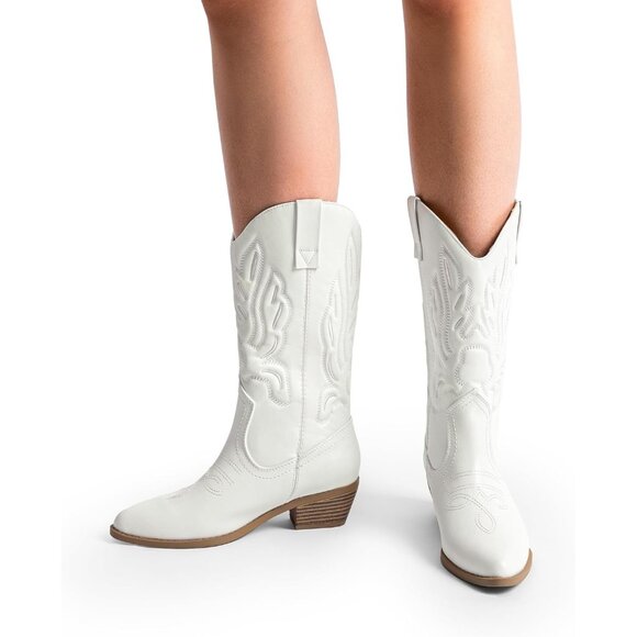 Women's White-pu Mid Calf Western Embroidery Stitched Faux Leather Cowgirl Boots - Picture 6 of 7